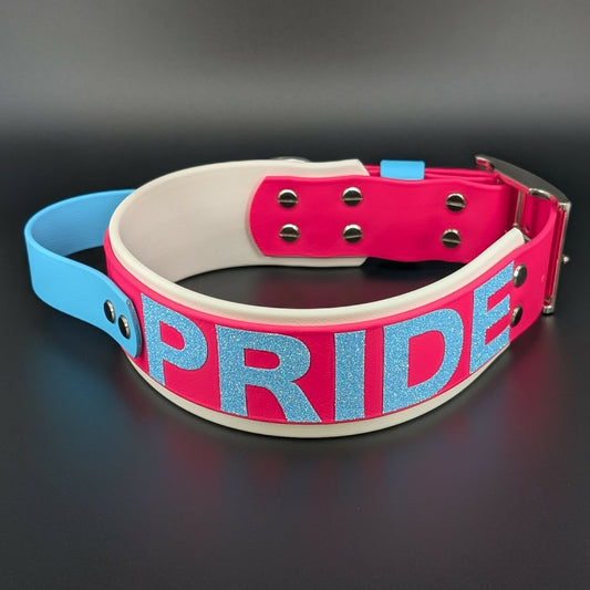 White and Pink Layered Biothane PRIDE Collar with Tactical Handle, 2 inch wide 18 - 21 inch neck