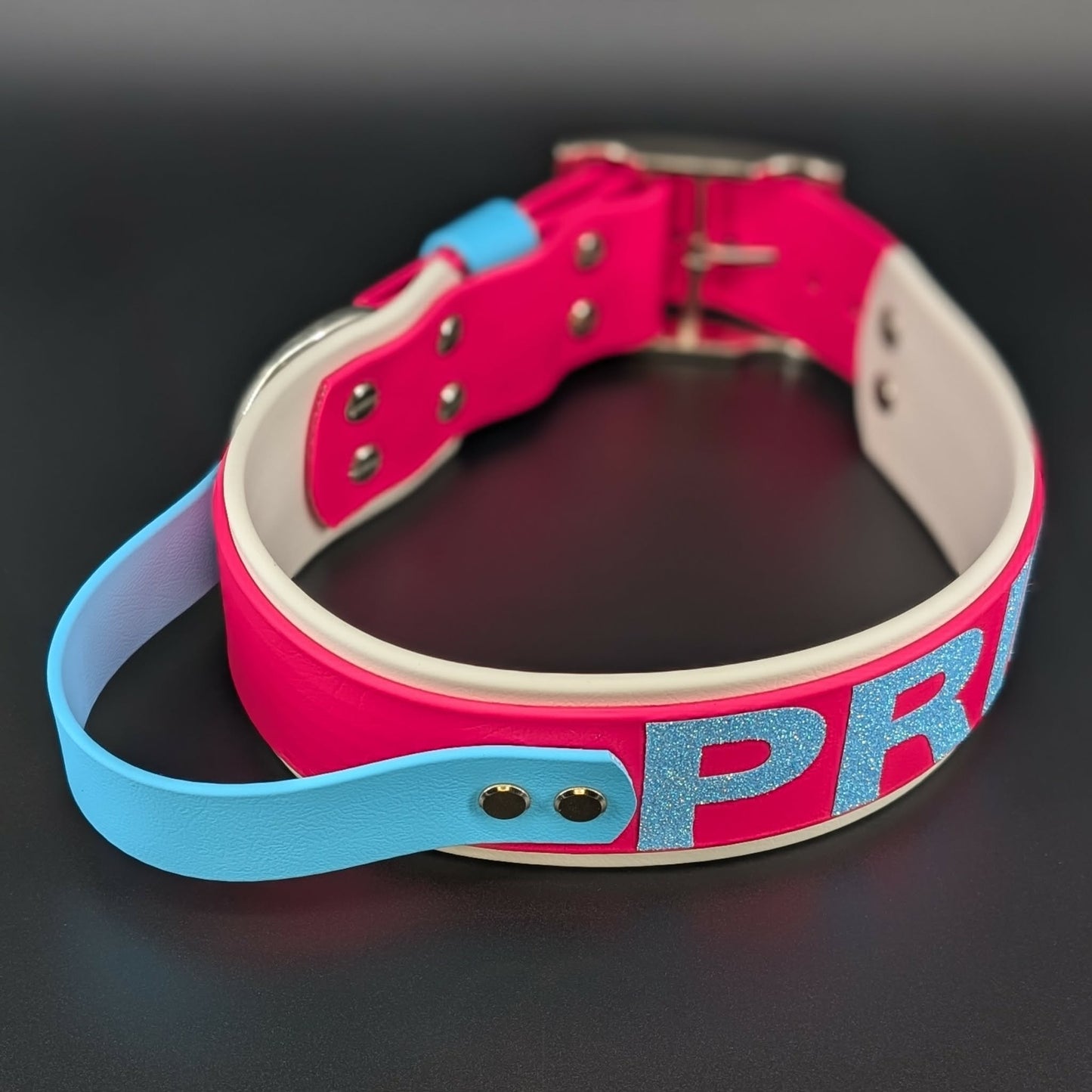 White and Pink Layered Biothane Trans PRIDE Collar with Tactical Handle 2 inch wide