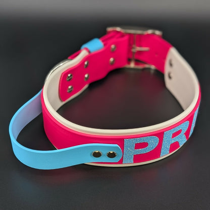 White and Pink Layered Biothane Trans PRIDE Collar with Tactical Handle 2 inch wide