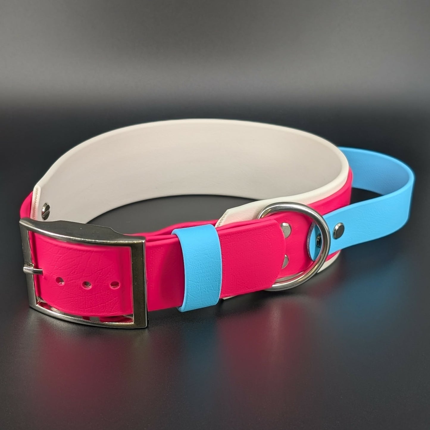 White and Pink Layered Biothane Trans PRIDE Collar with Tactical Handle