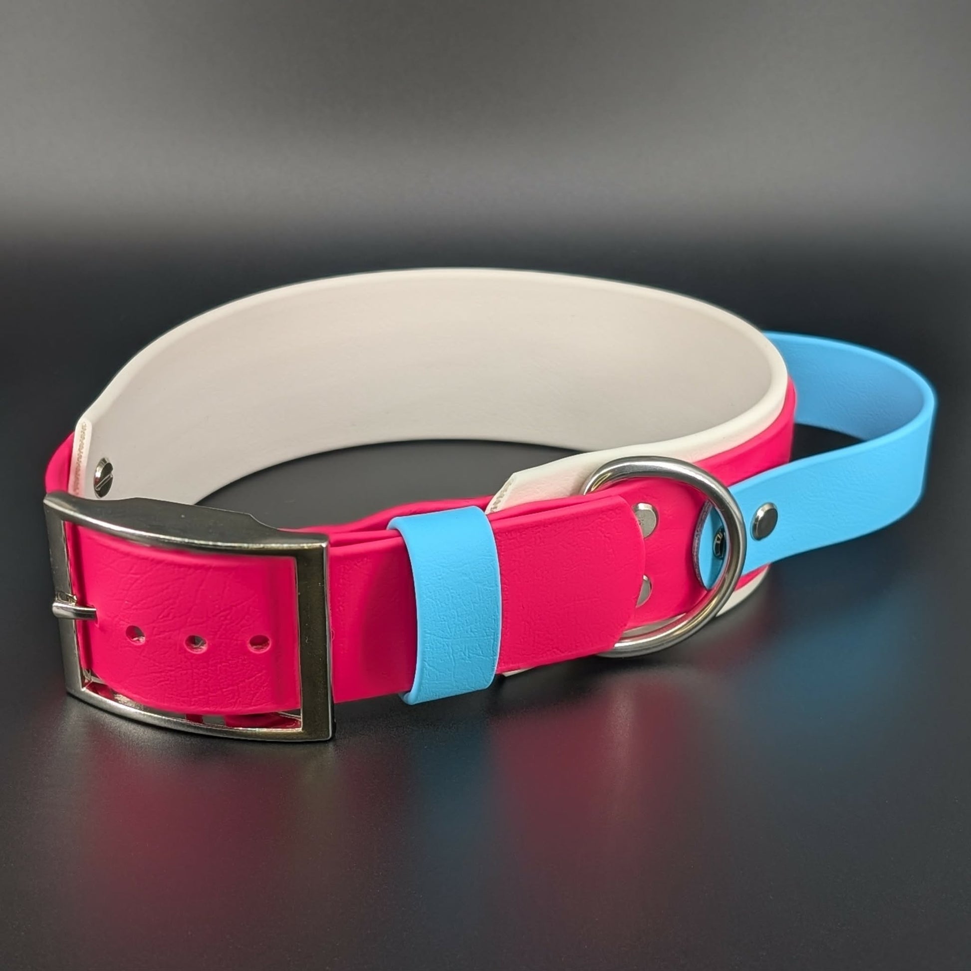 White and Pink Layered Biothane Trans PRIDE Collar with Tactical Handle