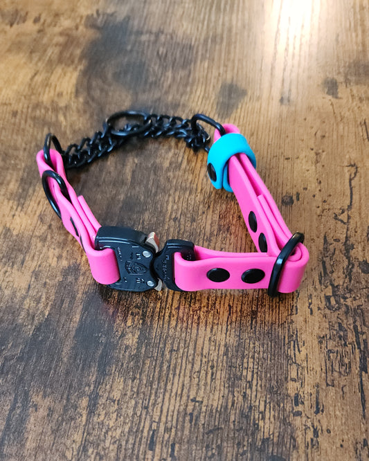 pink and teal biothane and chain martingale dog collar with quick release cobra buckle