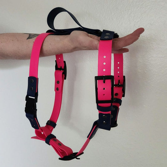 pink and dark blue biothane dog harness with built-in traffic handle