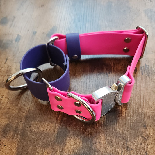 pink and purple biothane martingale collar with heavy duty cobra buckle