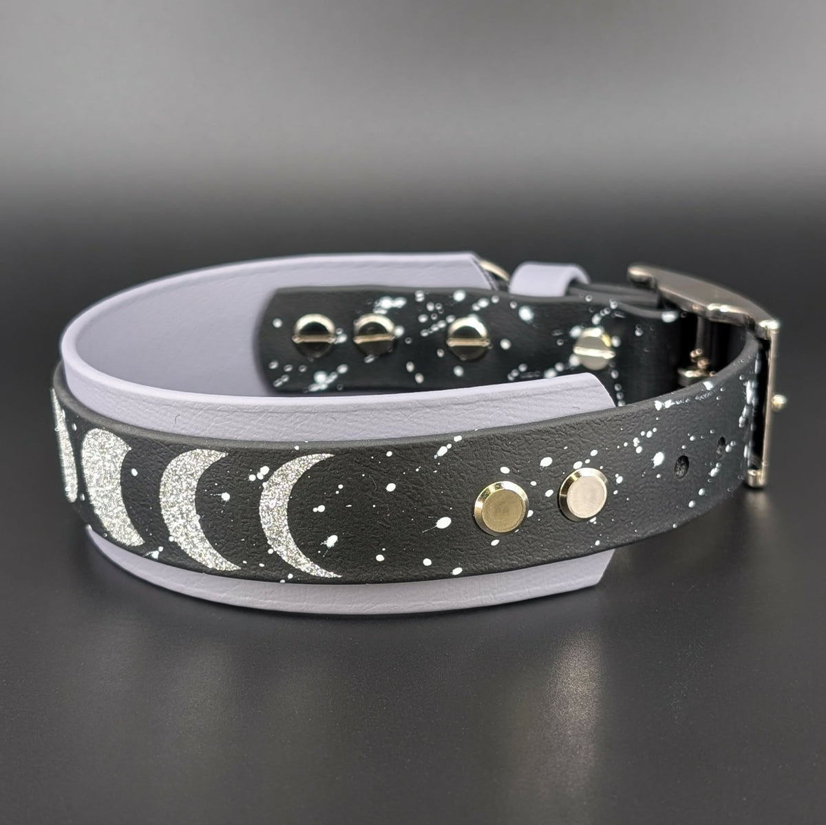 biothane space theme dog collar with moon phases and stars splatter paint