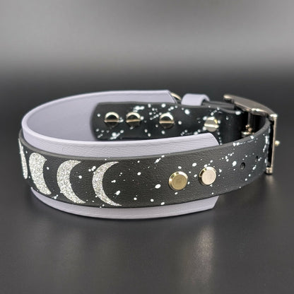 biothane space theme dog collar with moon phases and stars splatter paint