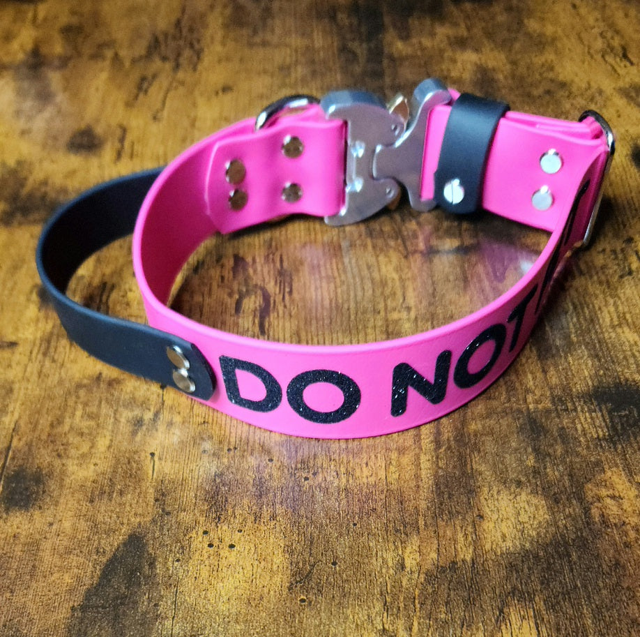 biothane tactical dog collar with custom text reading 'DO NOT PET'