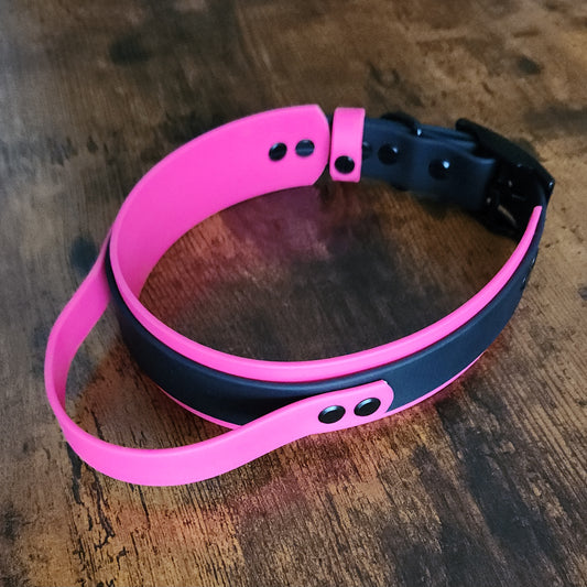 pink and black biothane dog collar with built-in tactical handle
