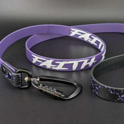 black and dark purple biothane dog leash with dark purple splatter paint and custom text