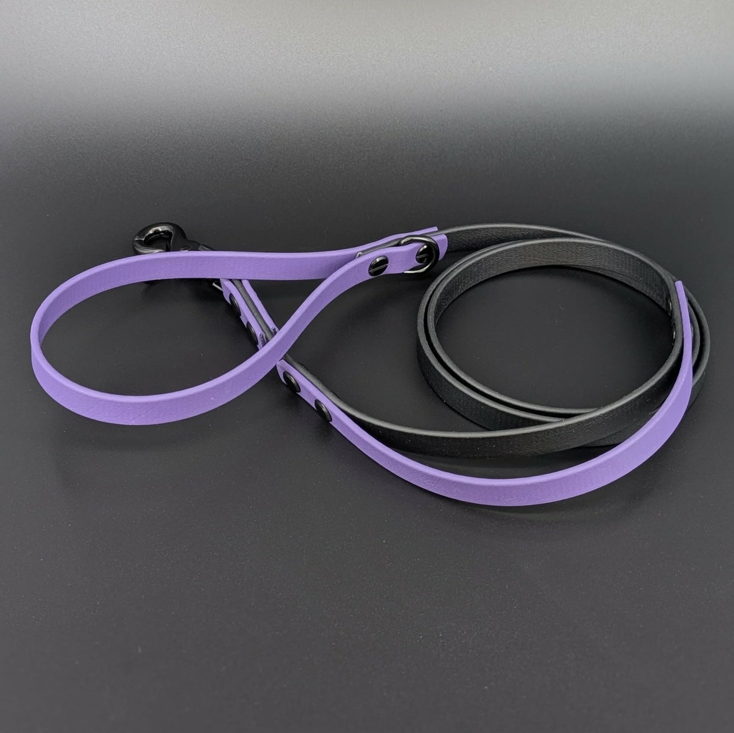 black and dark purple biothane leash with built in traffic handle