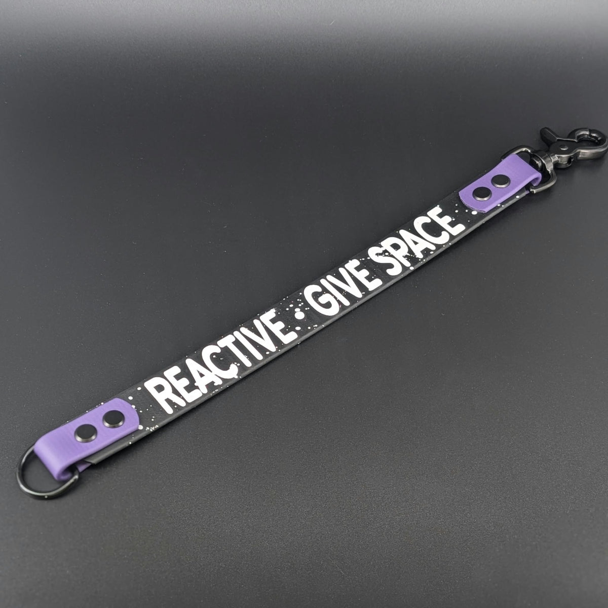 black and dark purple biothane leash wrap alternative with splatter paint reactive give space