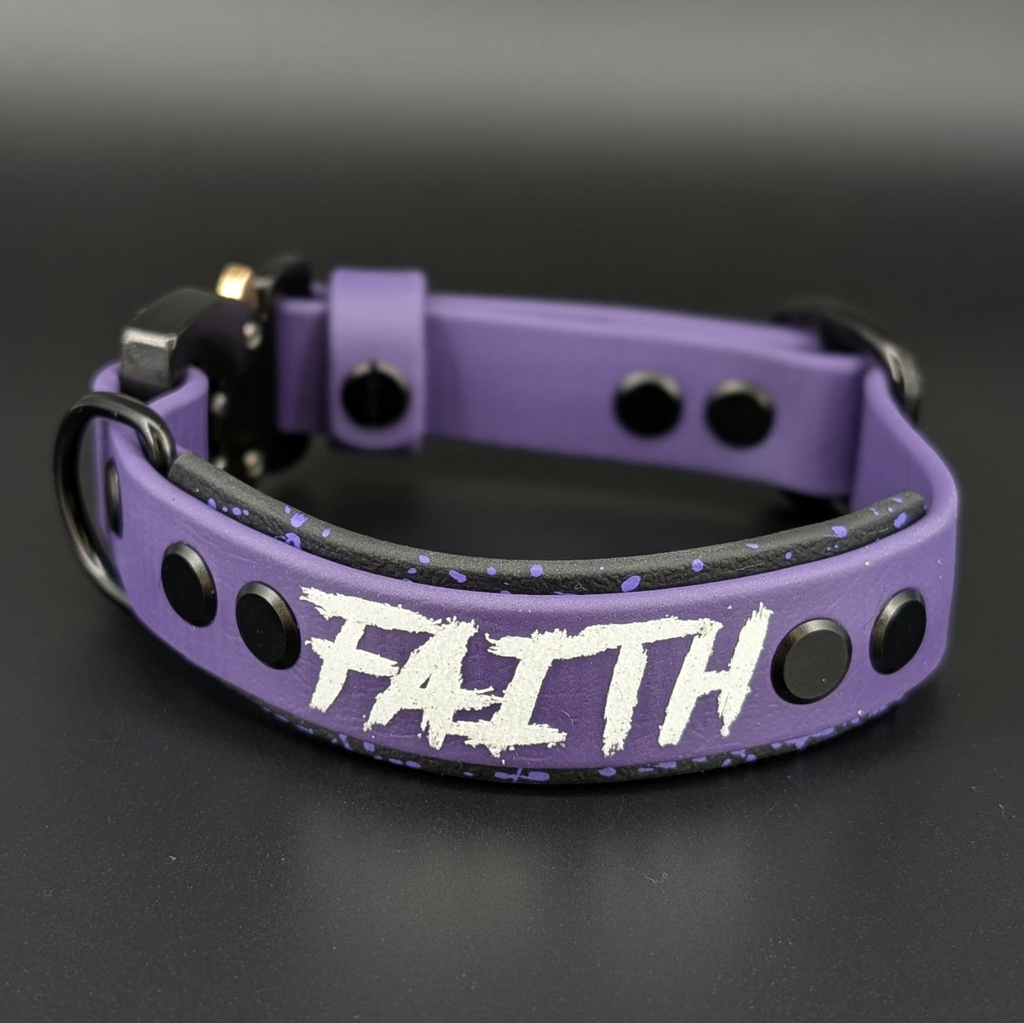 black and dark purple layered biothane dog collar with splatter paint custom text and quick release cobra buckle