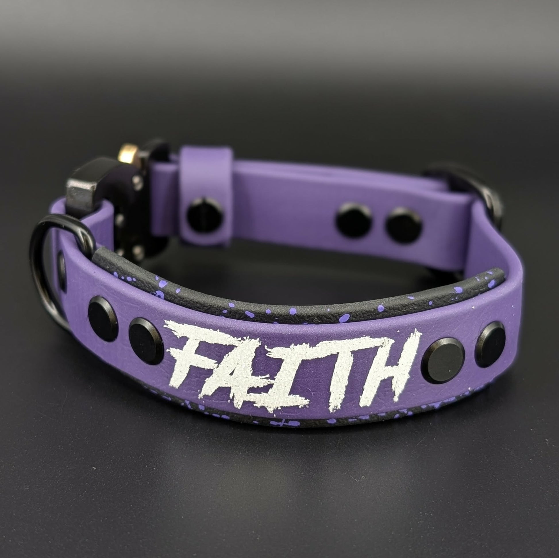 black and dark purple layered biothane dog collar with splatter paint custom text and quick release cobra buckle