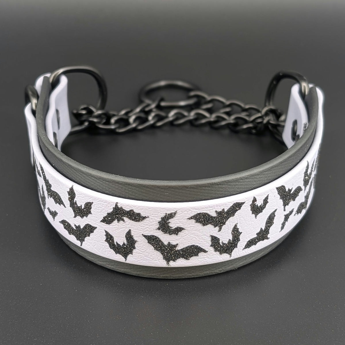 black and gray layered biothane halloween bats chain martingale dog collar 16 inch circumference