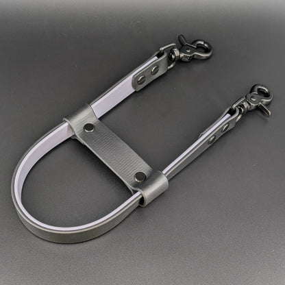 black and gray layered biothane pull strap with black hardware