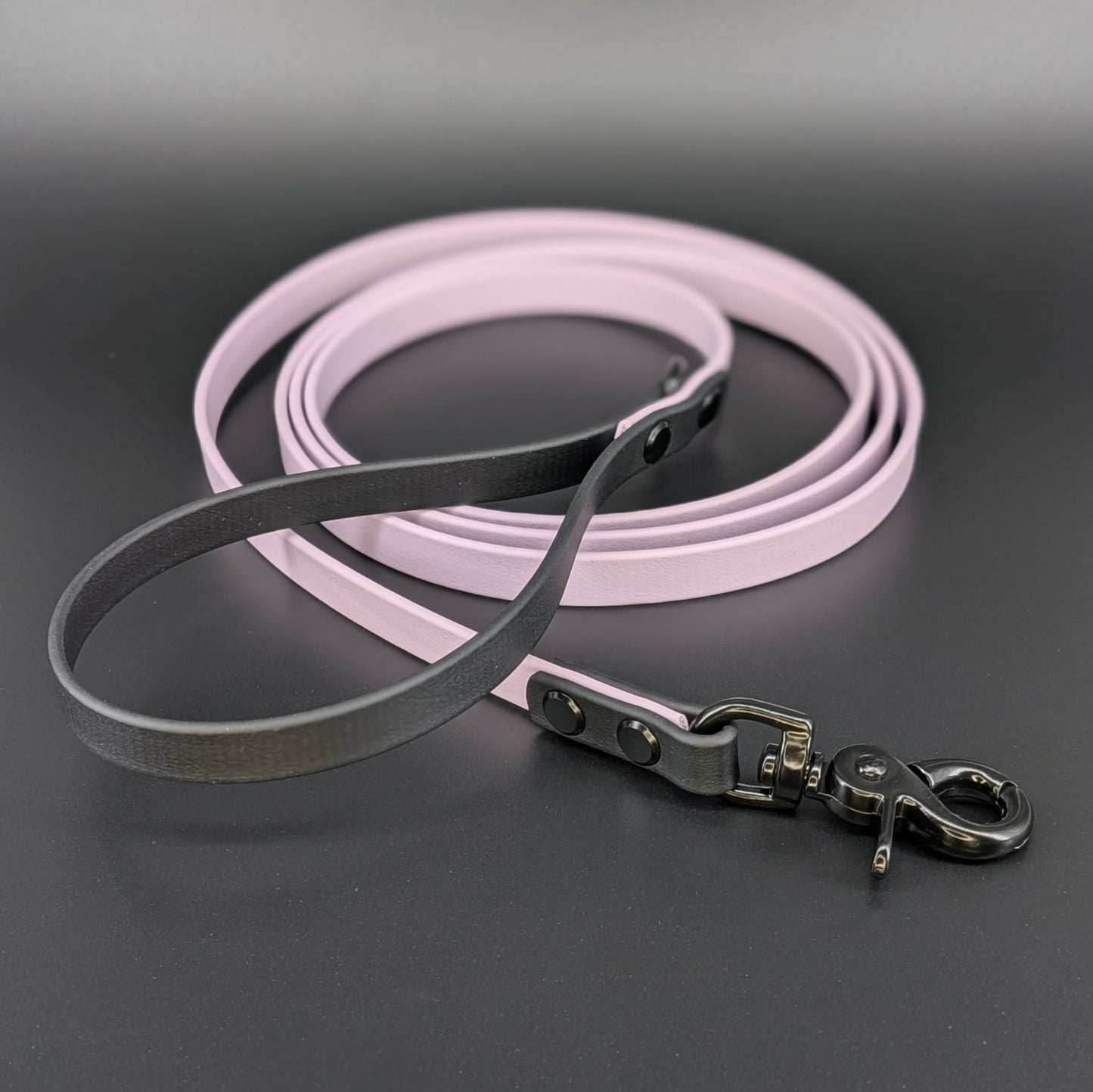 black and lavender biothane dog leash