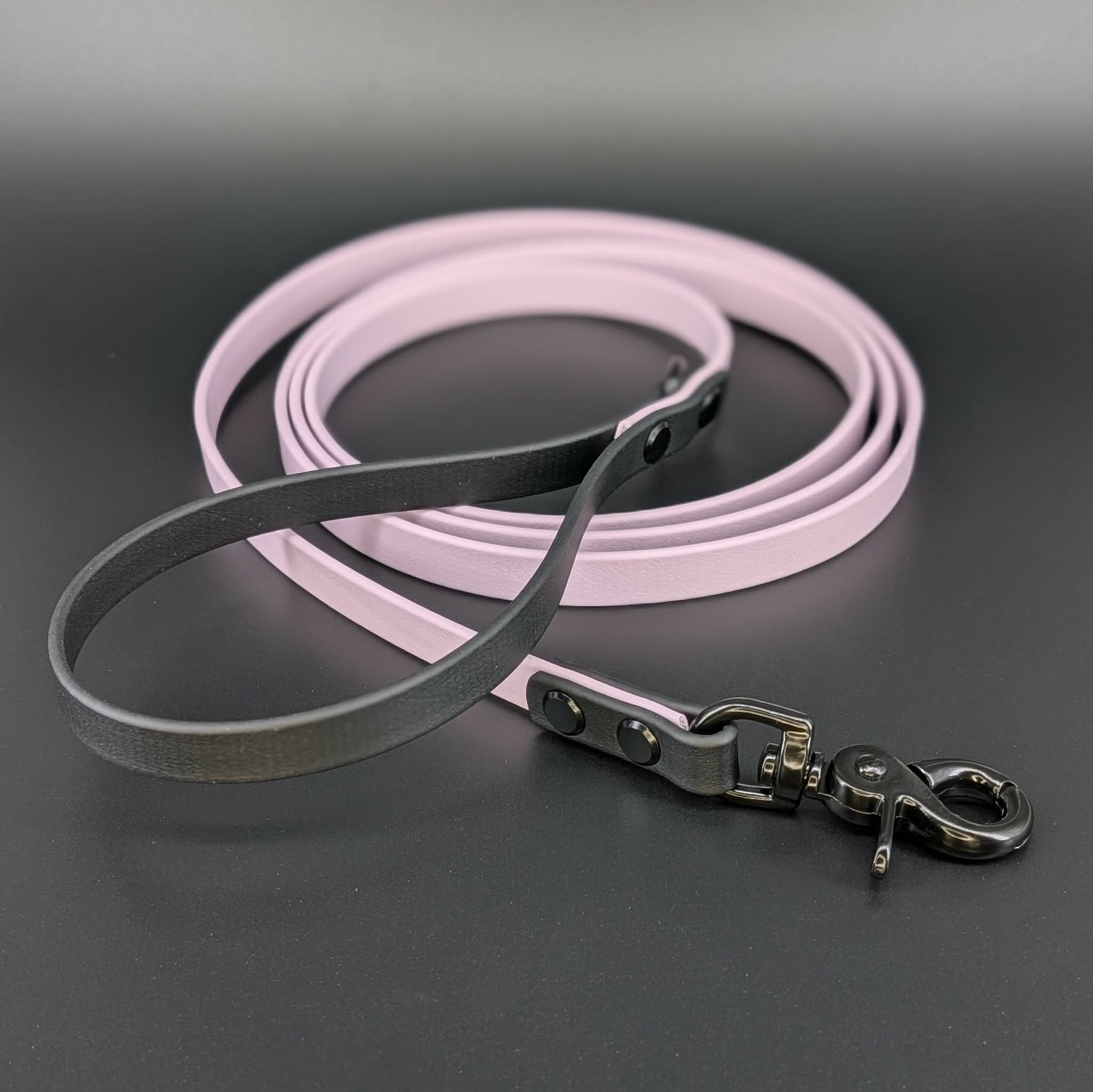 black and lavender biothane dog leash