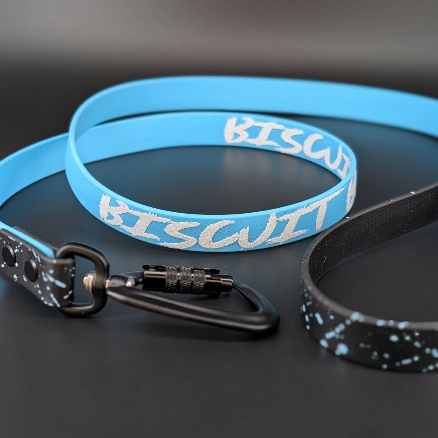 black and light blue biothane dog leash with light blue splatter paint and custom text