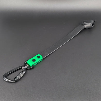black and light green biothane knotted traffic dog training tab with auto locking carabiner clip