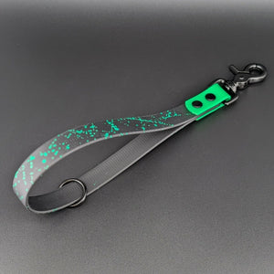 black and light green biothane traffic handle with green splatter paint and floating o ring
