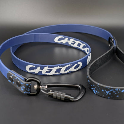 black and navy blue biothane dog leash with navy blue splatter paint and custom text