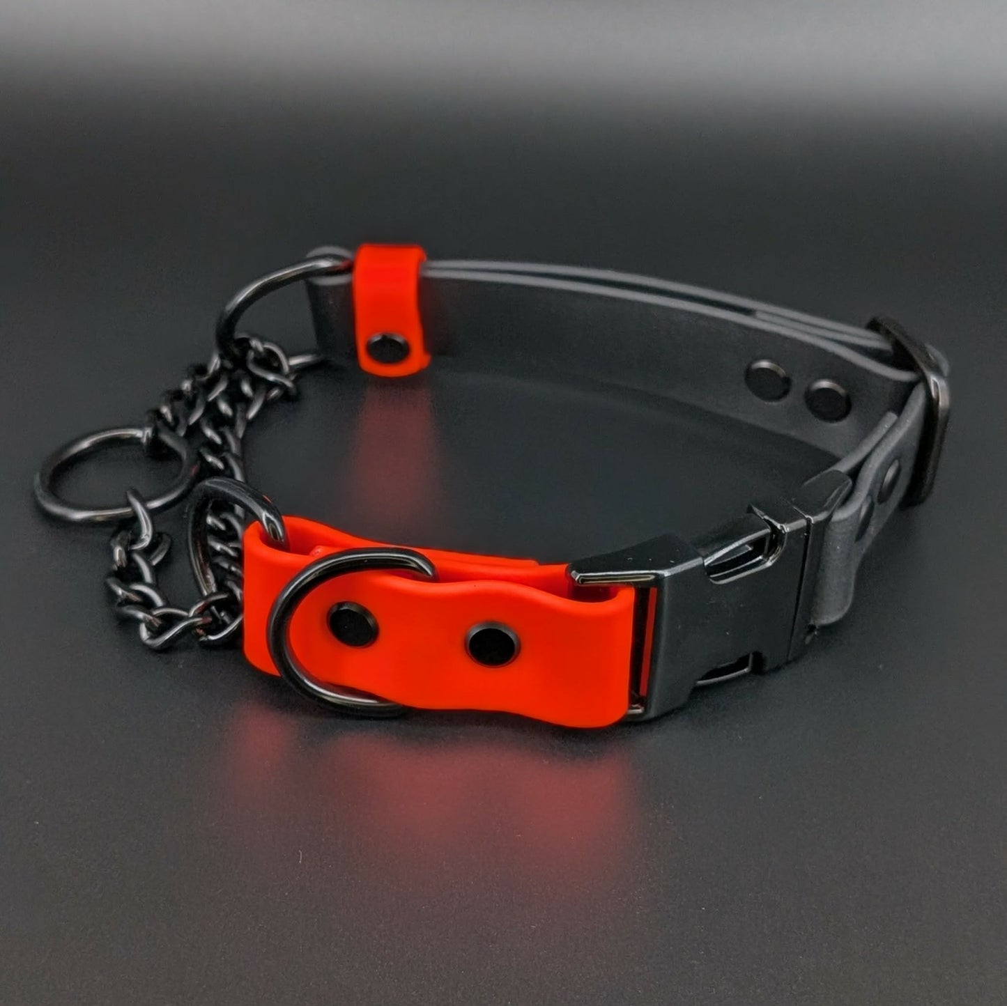 black and orange biothane chain martingale dog collar with quick release buckle
