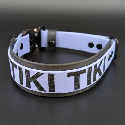 black and periwinkle blue layered biothane dog collar with quick release cobra buckle and custom text