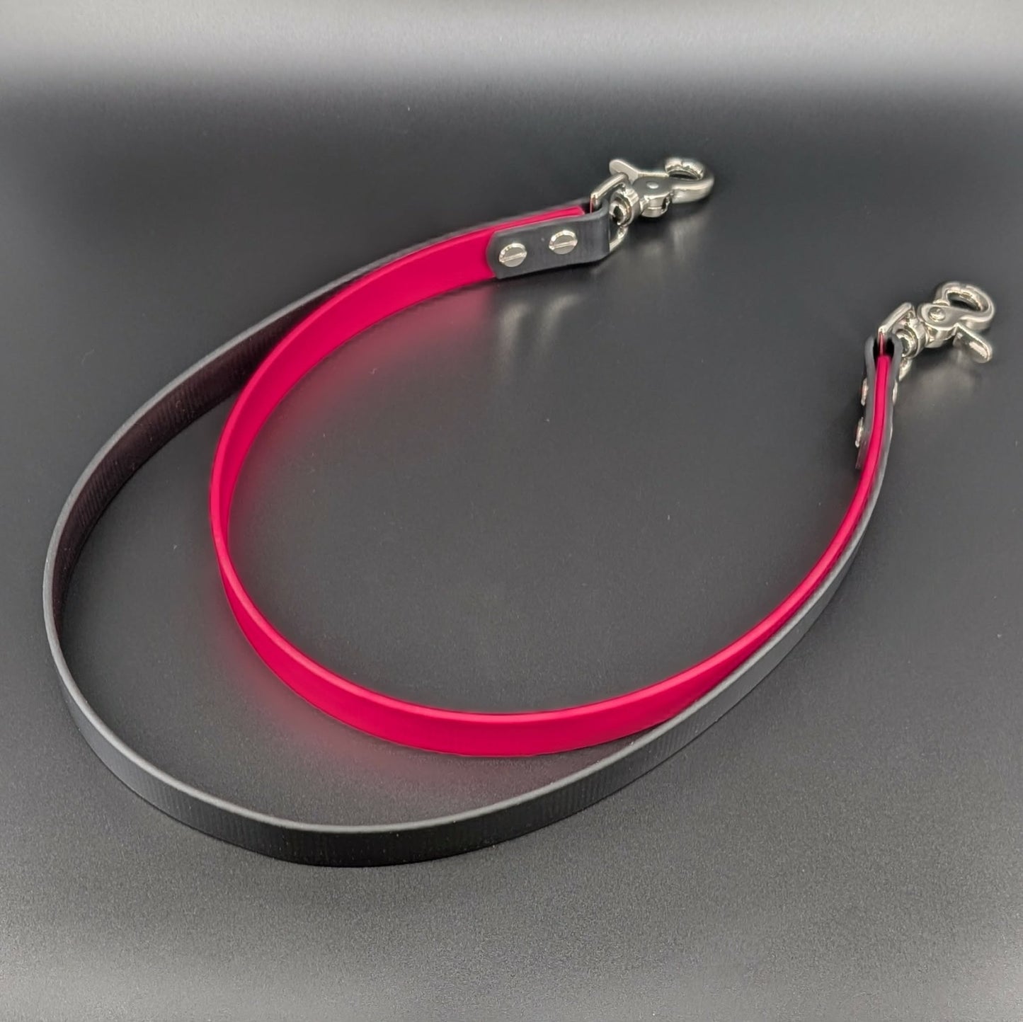 black and pink biothane double pull strap for momentum pulling and counterbalance service dog tasks