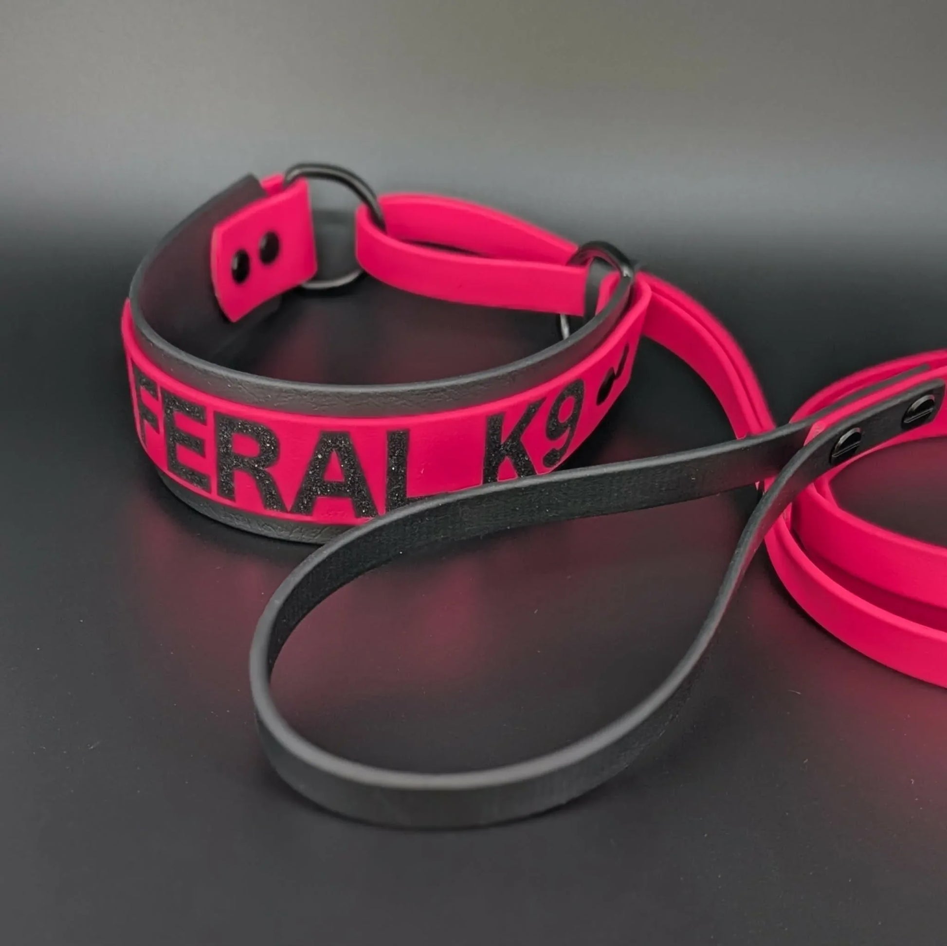 black and pink layered biothane french martingale with personalized text
