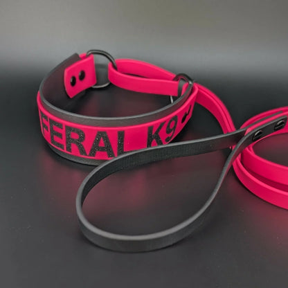 black and pink layered biothane french martingale with personalized text