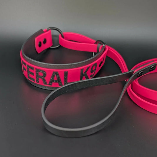 black and pink layered biothane french martingale with personalized text