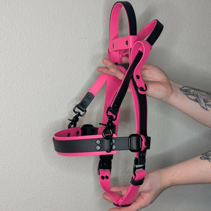 black and pink layered biothane straight front service dog harness with counterbalance handle and pull strap