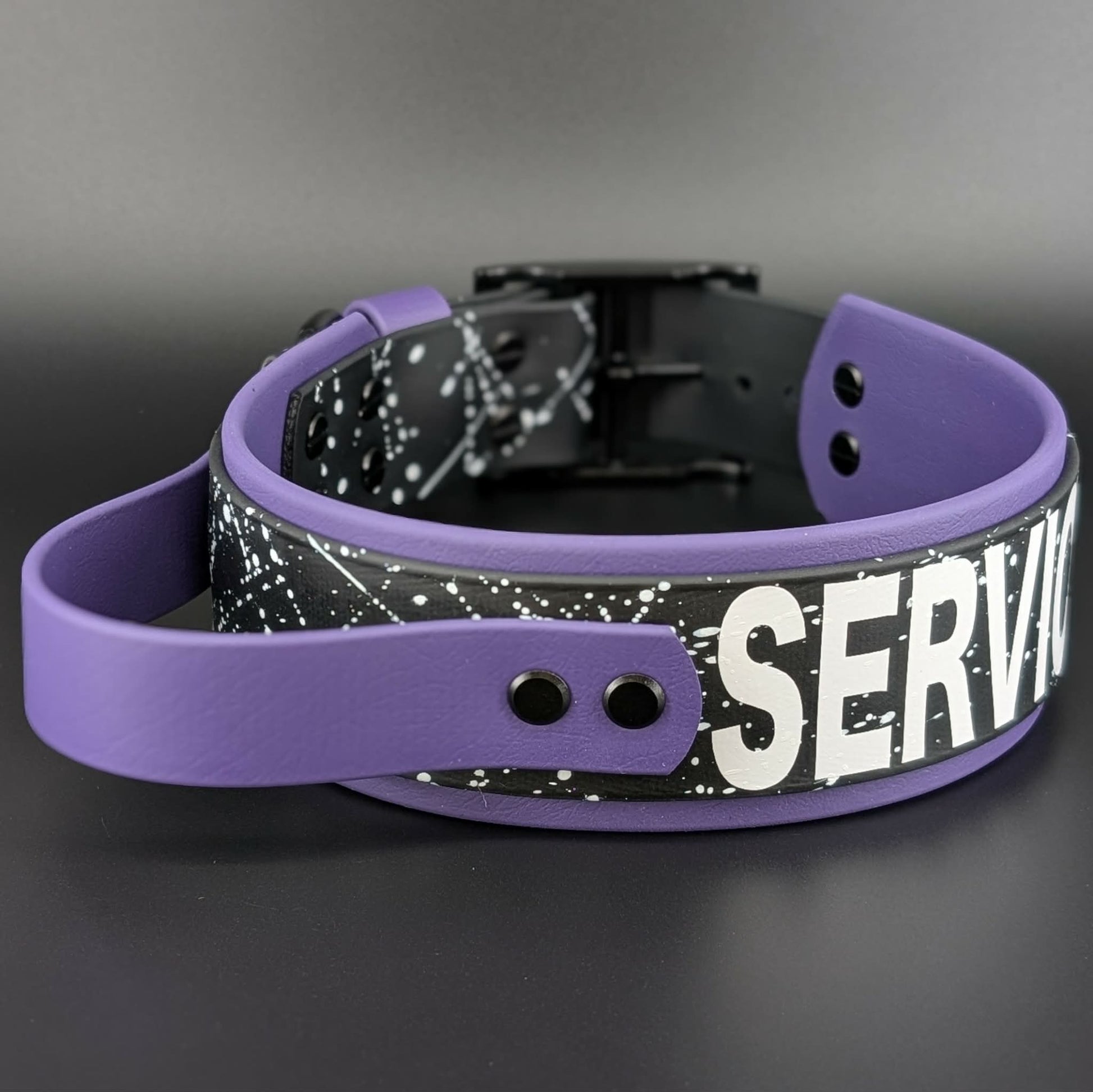 black and purple biothane tactical handle service dog collar with splatter paint