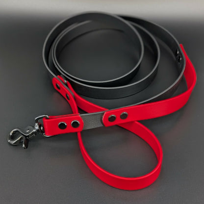 black and red biothane dog leash with built in traffic handle