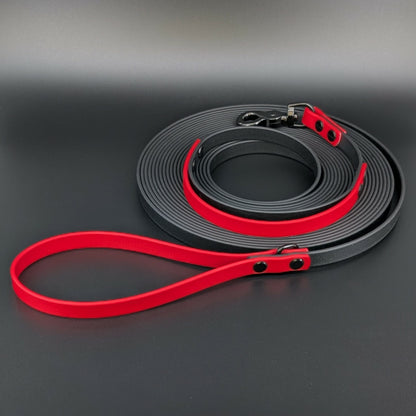 black and red biothane long line with built in traffic handle