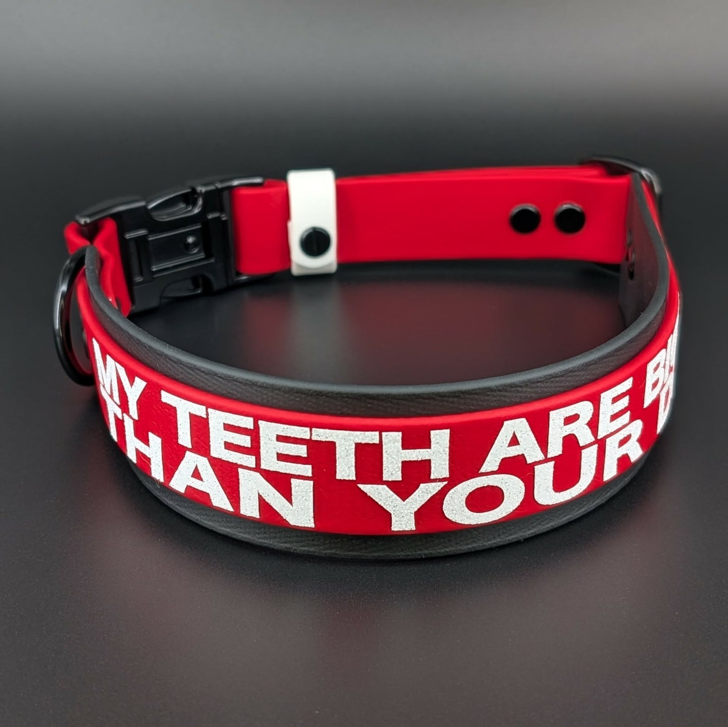 black and red layered biothane my teeth are bigger than your dick collar with quick release buckle