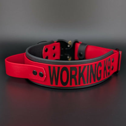 black and red layered biothane working k9 collar with tactical handle and quick release cobra buckle