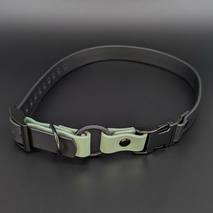 black and sage green biothane e-collar strap with bungee and quick release buckle
