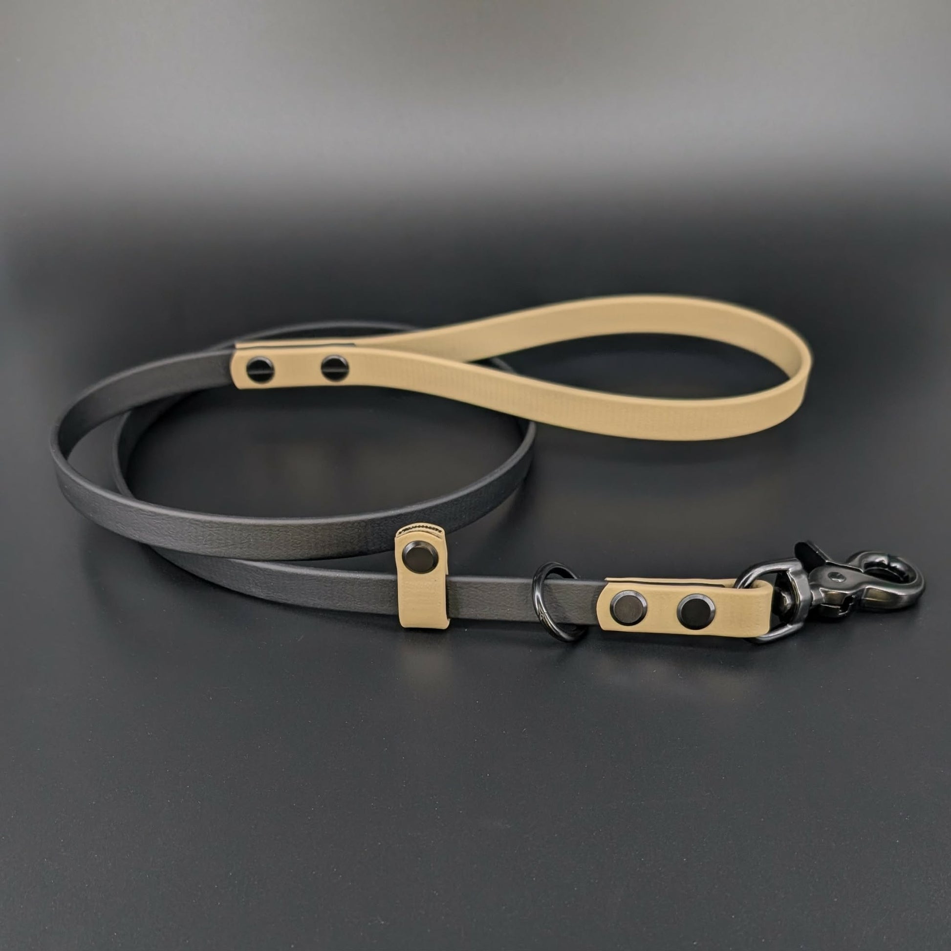 black and tan biothane slip lead with quick release convertible clip