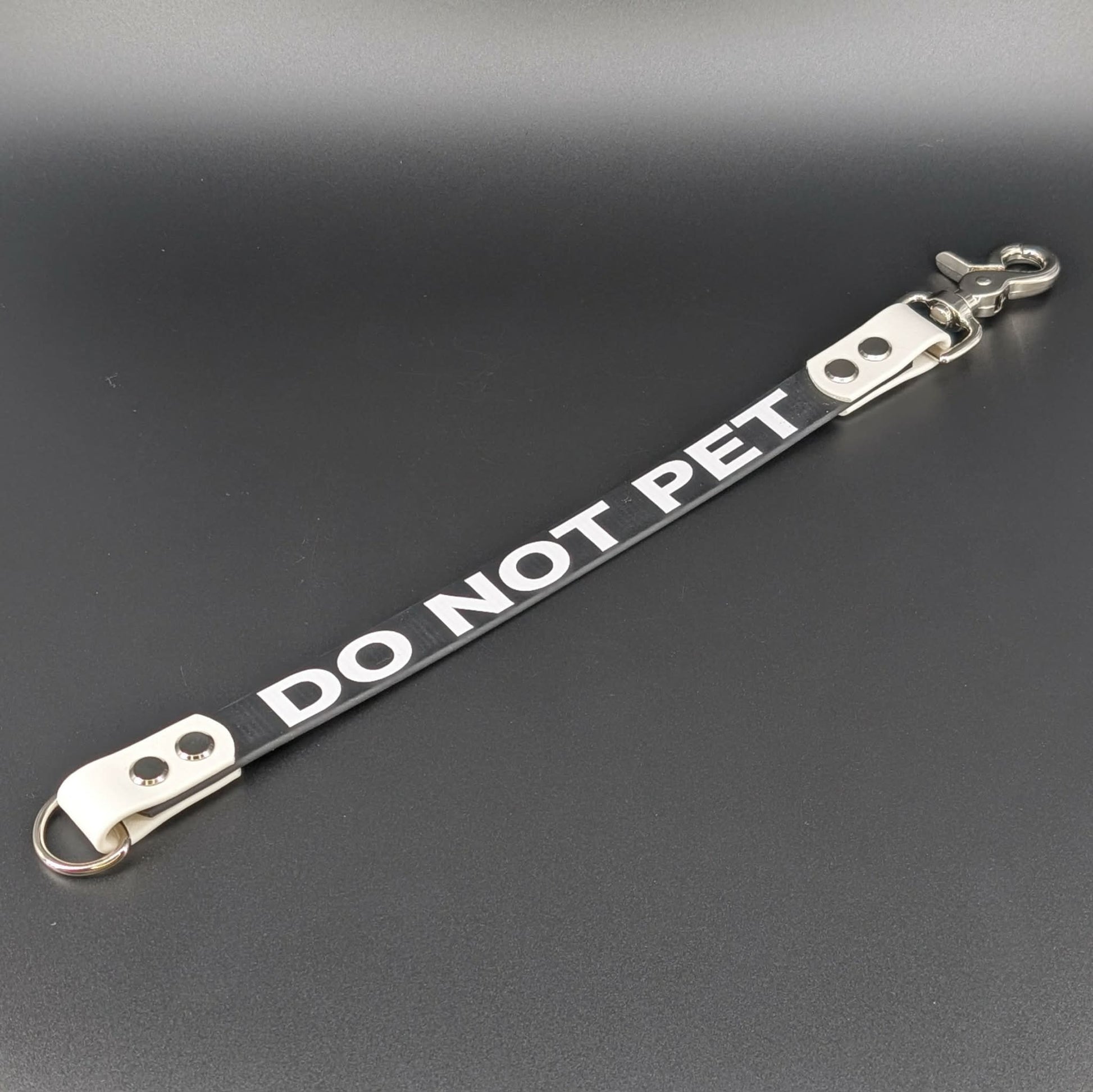 black and white biothane do not pet leash extender warning