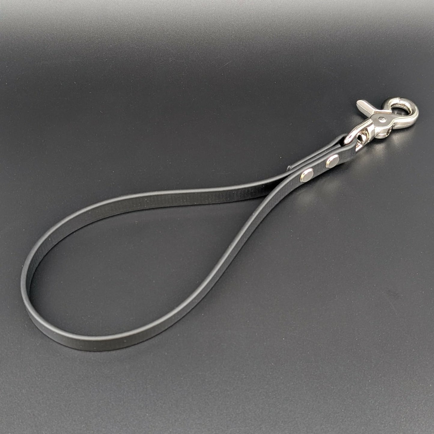 black biothane traffic handle with silver hardware