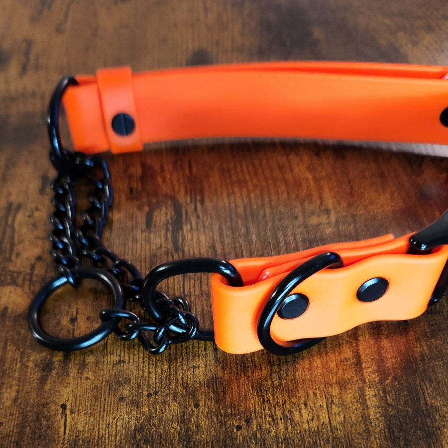 black chain martingale orange biothane dog collar
