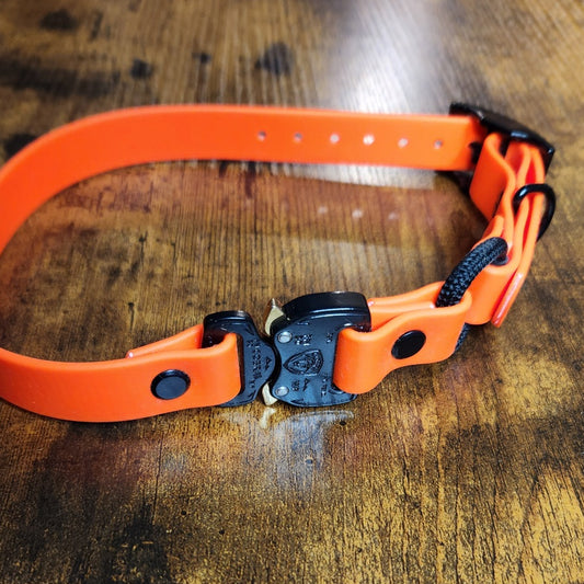 back cobra buckle and orange biothane e-collar strap