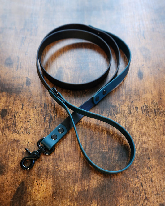 black and dark green biothane dog leash with built-in traffic handle and black hardware