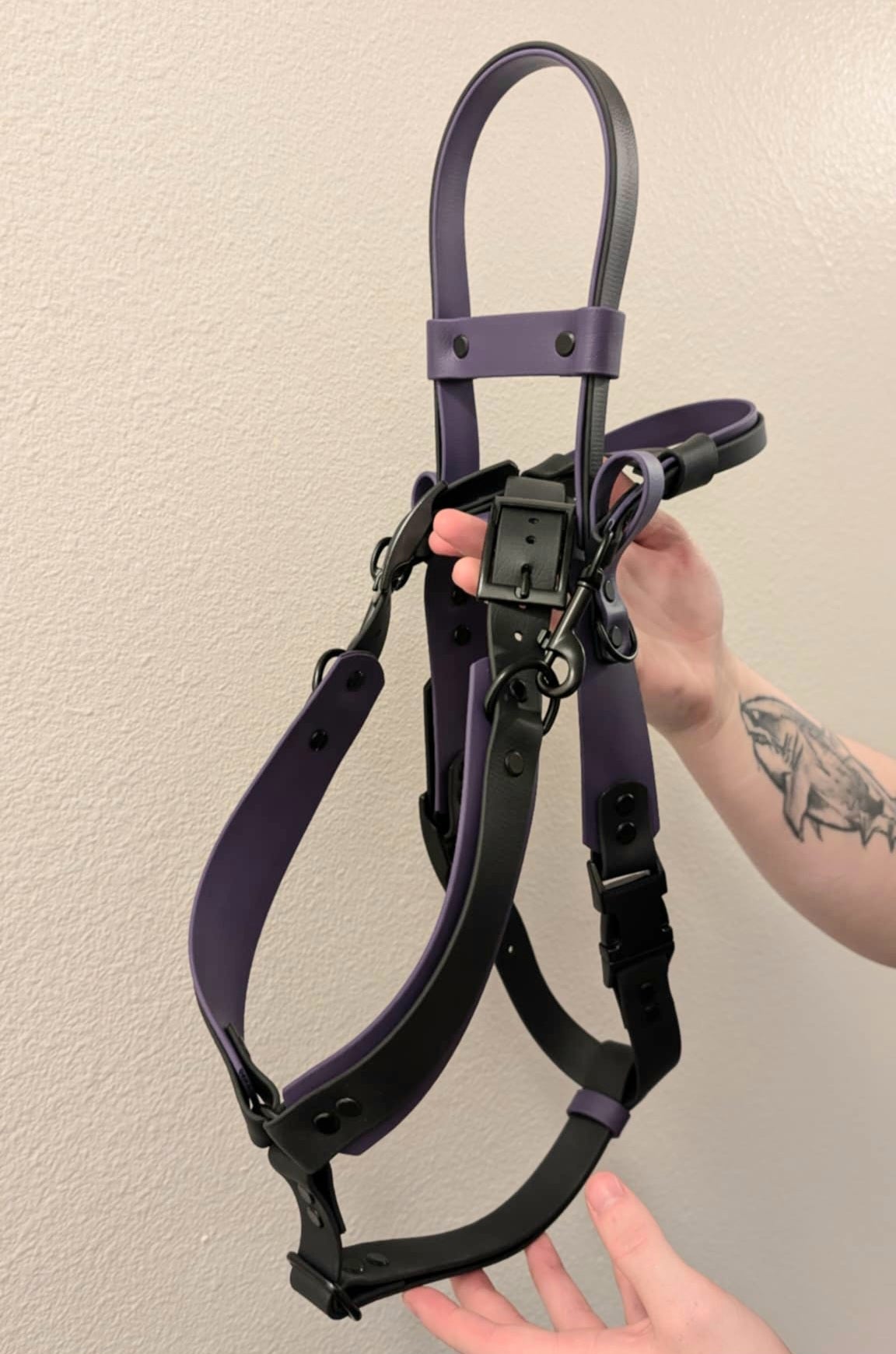 black and dark purple biothane y-front service dog harness with built-in counterbalance handle and detachable pull strap