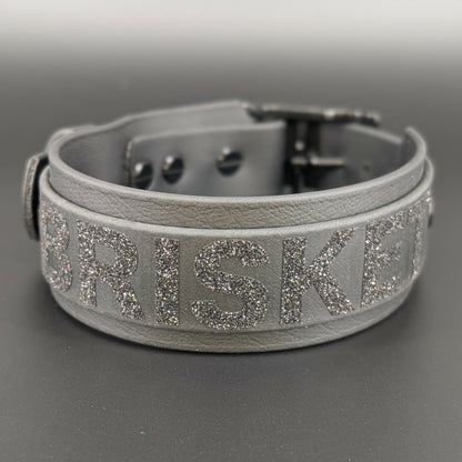 black layered biothane dog collar with glitter text