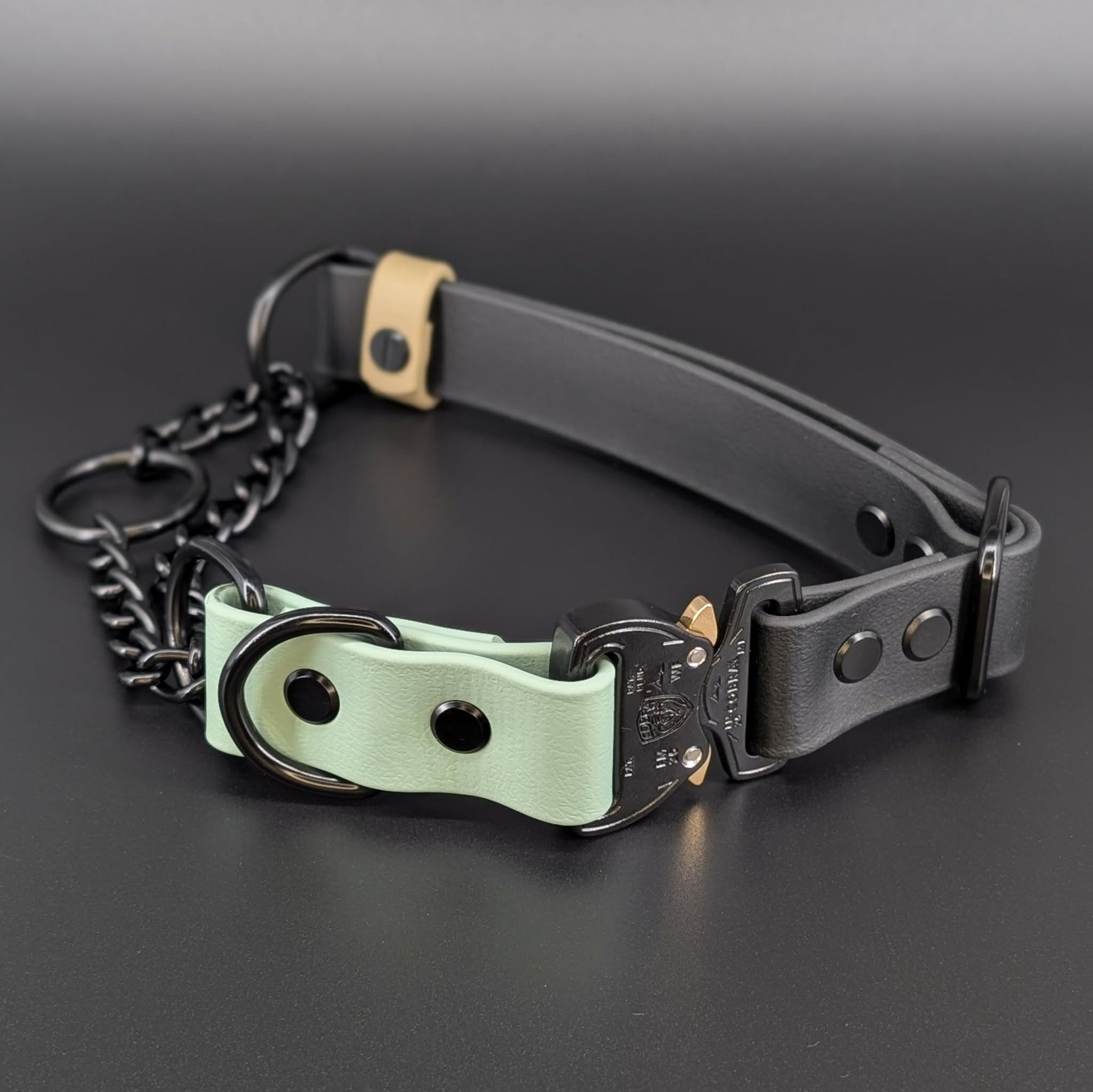 black sage green and tan biothane chain martingale collar with quick release cobra buckle