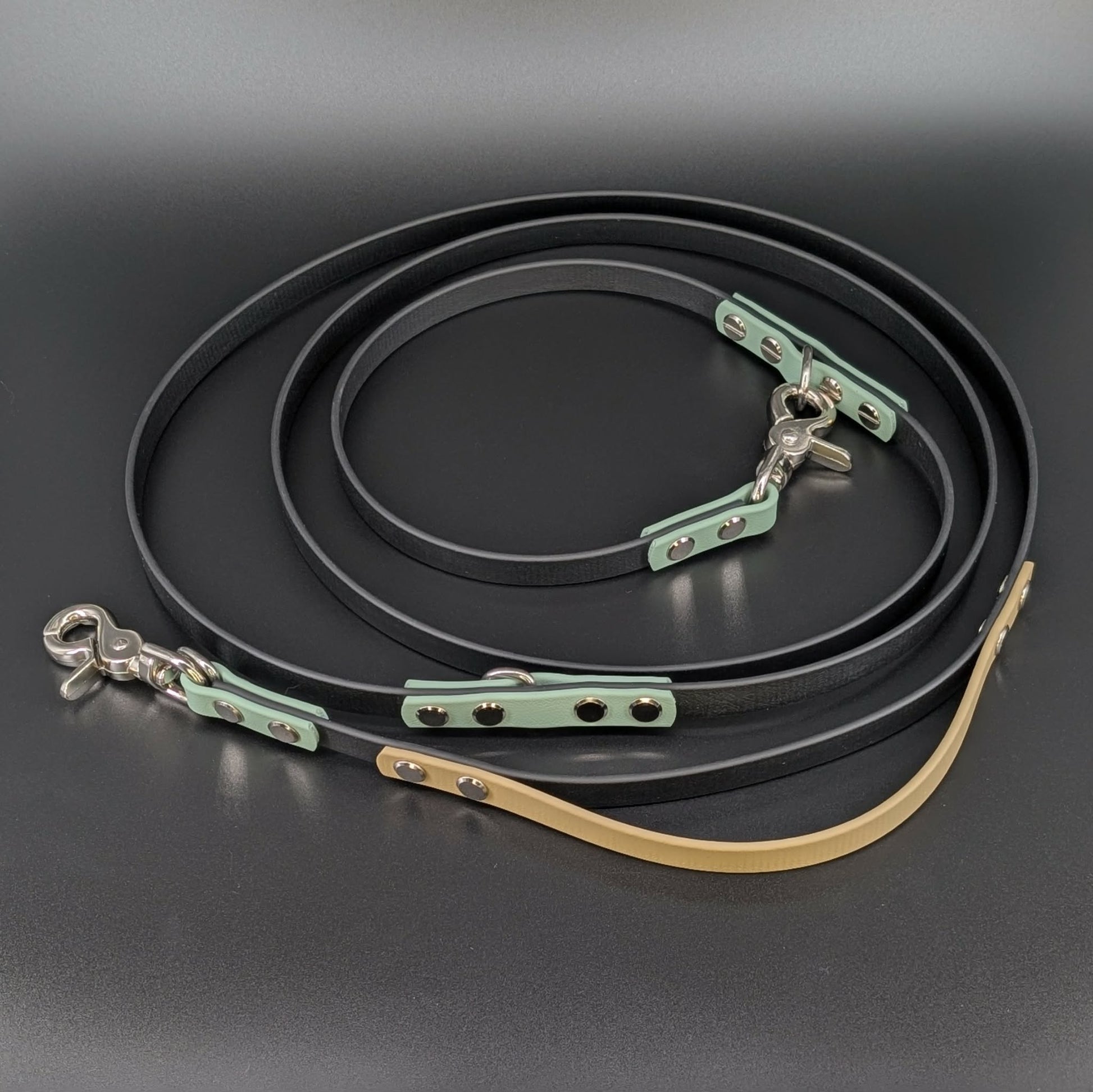 black sage green and tan biothane hands free leash with traffic handle
