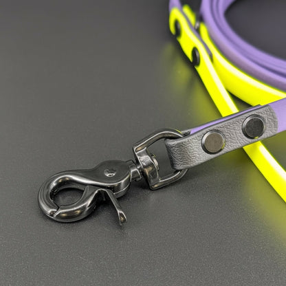 black trigger snap on dark purple yellow and black biothane dog leash