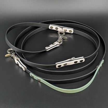 black white and sage green biothane hands free leash with traffic handle